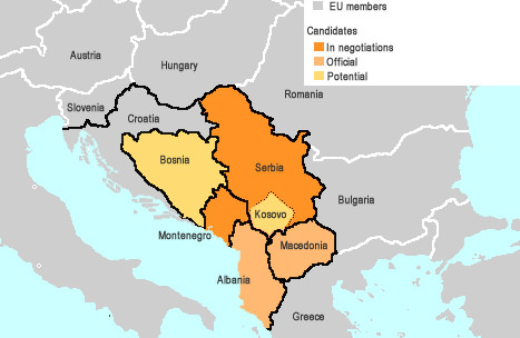 Western Balkans map showing legends in relation to EU.